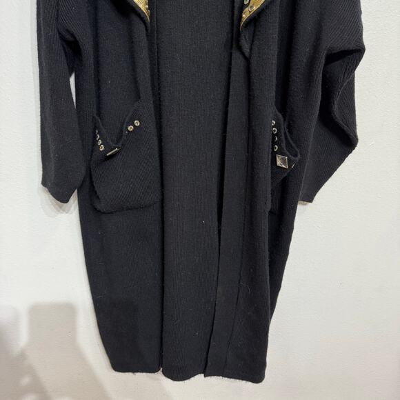 Black Long Line Gold Trim Open Front Vintage Cardigan Sz O/S - Picture 4 of 13